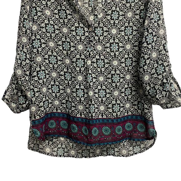 About A Girl Los Angeles Womens Large Sheer Floral MOP Button Multi Blue Blouse - Picture 3 of 10